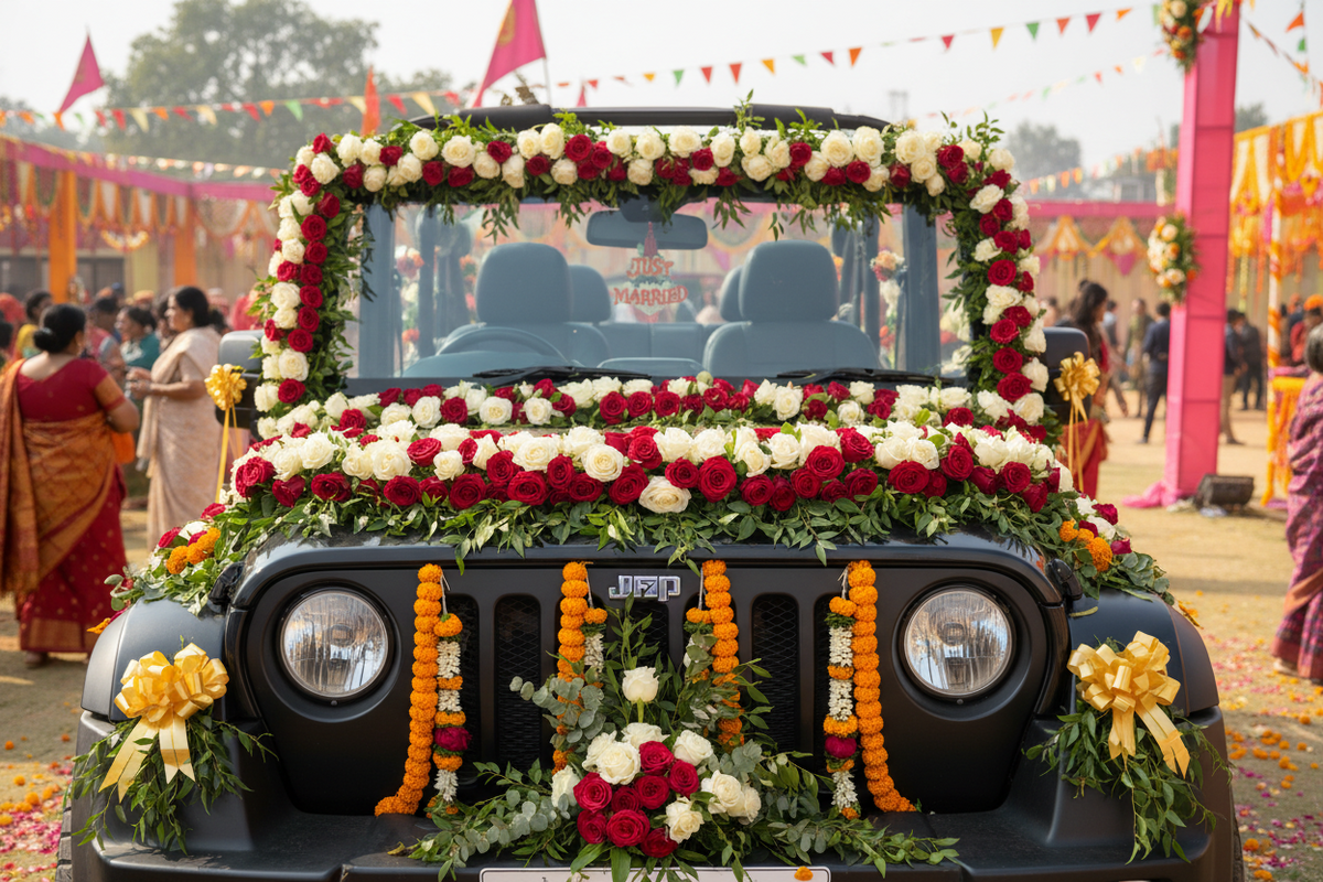 Wedding car decoration on a Mahindra Thar